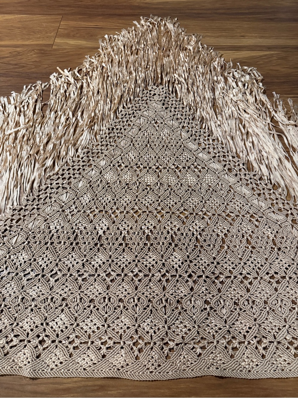 Hand-Knotted Macramé Fringe Triangle Shawl Wrap – Boho Festival Beige/Cream - Picture 6 of 10
